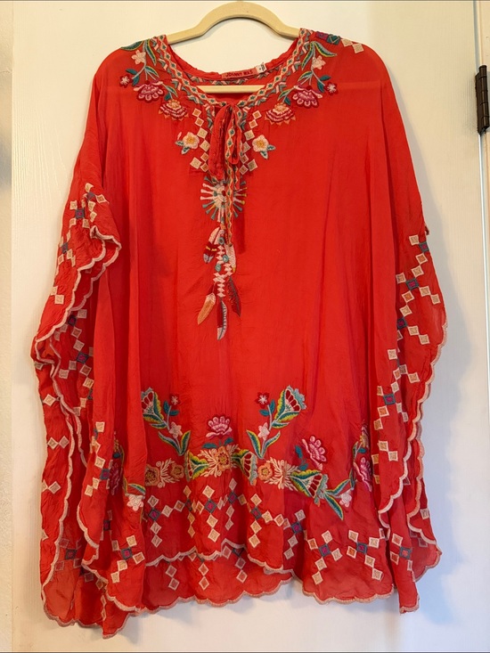 Johnny Was Tops - Johnny Was Red Embroidered Boho Tunic with Floral Detail